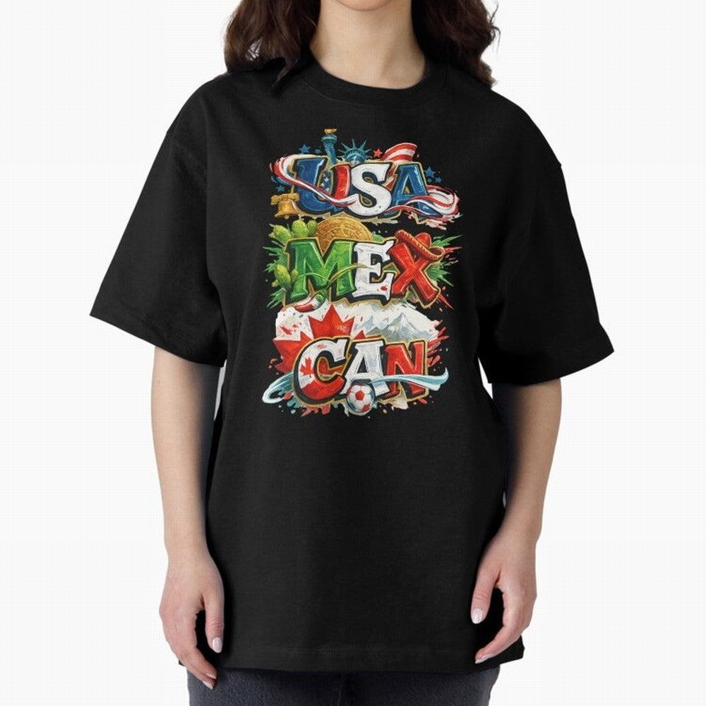World Cup 2026 USA Canada Mexico Oversized T-Shirt Celebrate Fan Culture around FIFA World Cup 2026 Spirit, Centered on Argentina, Messi, Football Festival Excitement, Trophy Ambitions, Country Rivalries and Star Player Buzz; Ideal for Football