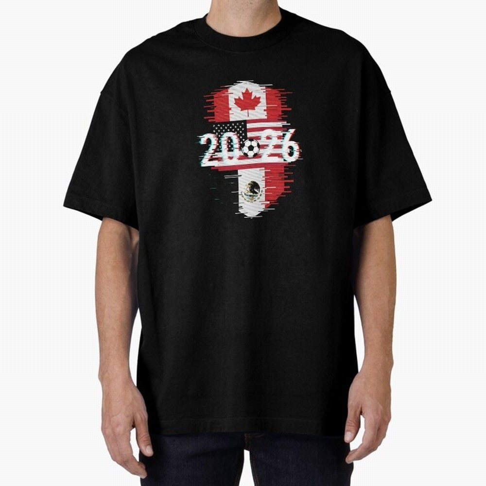Glitched United 2026 - North America Emblem Cup T-Shirt_82794505 Oversized T-Shirt Celebrate the Biggest Stage of the FIFA World Cup 2026 USA Canada Mexico Journey through Mbappe Highlights, Argentina, France and Brazil Pride, Tournament Hype,