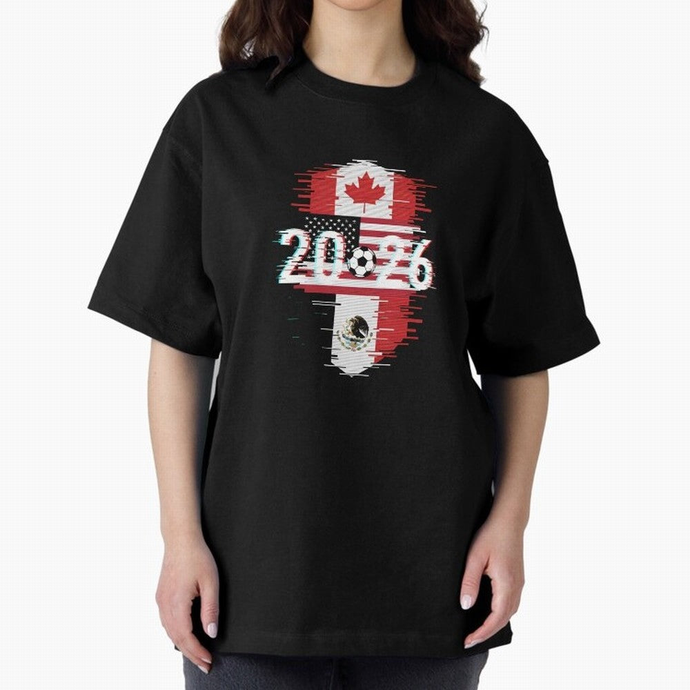 Glitched United 2026 - North America Emblem Cup T-Shirt_82794505 Oversized T-Shirt Celebrate the Biggest Stage of the FIFA World Cup 2026 USA Canada Mexico Journey through Mbappe Highlights, Argentina, France and Brazil Pride, Tournament Hype,