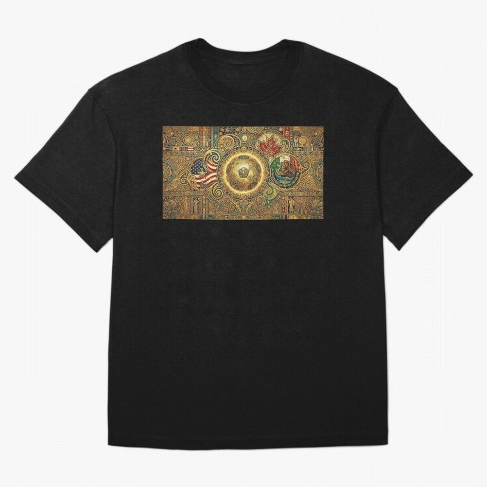 Ornate Soccer Emblem with Flags Oversized T-Shirt Turn Up for Global Football Passion for FIFA World Cup 2026 Group Stage, Built around Neymar, Haaland and Cristiano Ronaldo, France and Portugal, Global Supporter Spirit, Legendary Goals, National