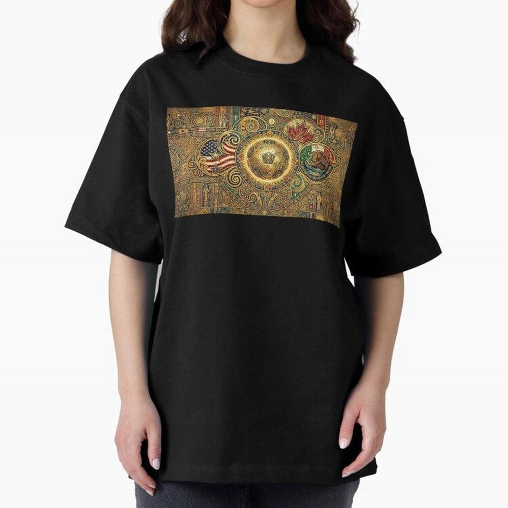 Ornate Soccer Emblem with Flags Oversized T-Shirt Turn Up for Global Football Passion for FIFA World Cup 2026 Group Stage, Built around Neymar, Haaland and Cristiano Ronaldo, France and Portugal, Global Supporter Spirit, Legendary Goals, National