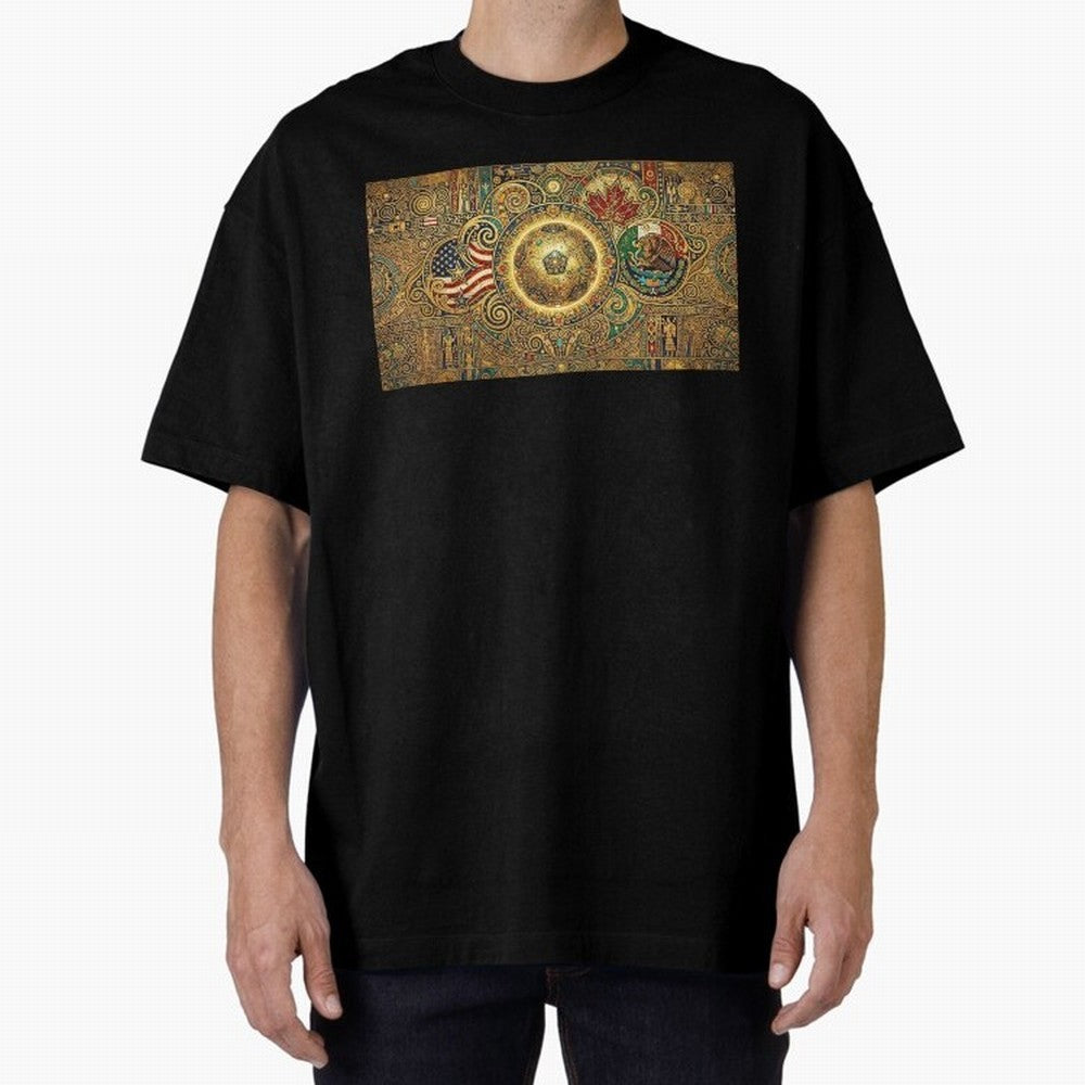 Ornate Soccer Emblem with Flags Oversized T-Shirt Turn Up for Global Football Passion for FIFA World Cup 2026 Group Stage, Built around Neymar, Haaland and Cristiano Ronaldo, France and Portugal, Global Supporter Spirit, Legendary Goals, National