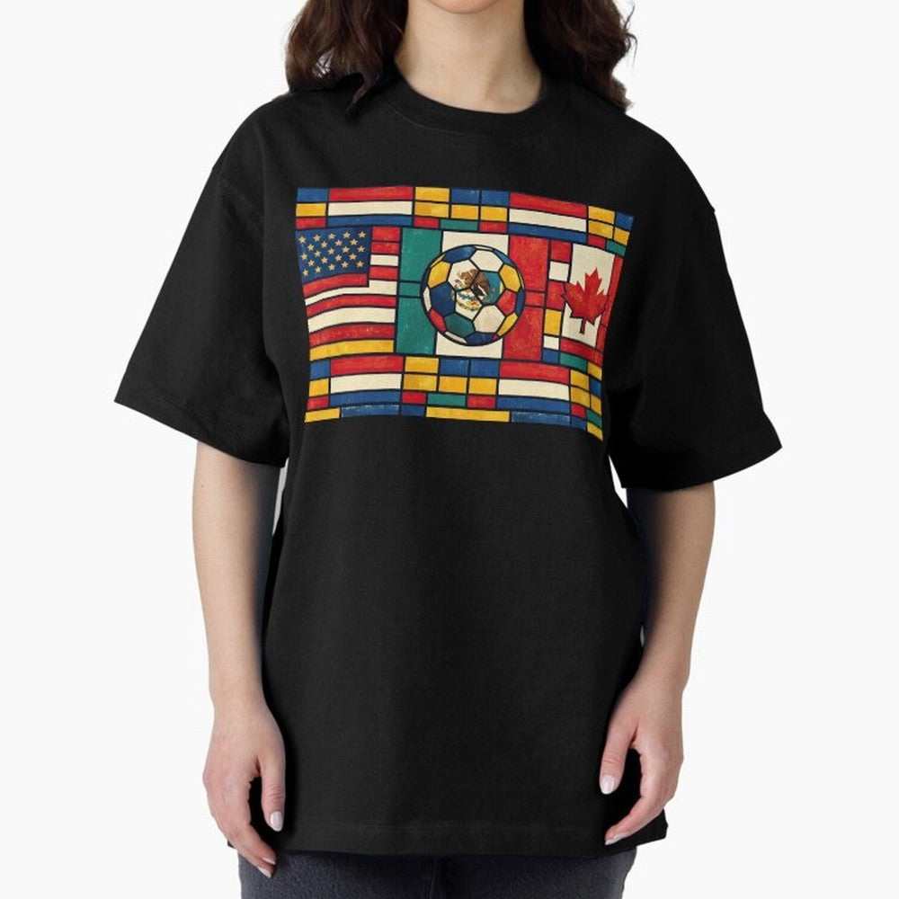 Elegant World Cup Stadiums Geometrical | Soccer Flags Mexico Canada USA Oversized T-Shirt Fuel FIFA World Cup 2026 Group Stage for Fans of Cristiano Ronaldo and Brazil, Bringing Game Day Rituals, Football Legends, Country Pride and the Road to the