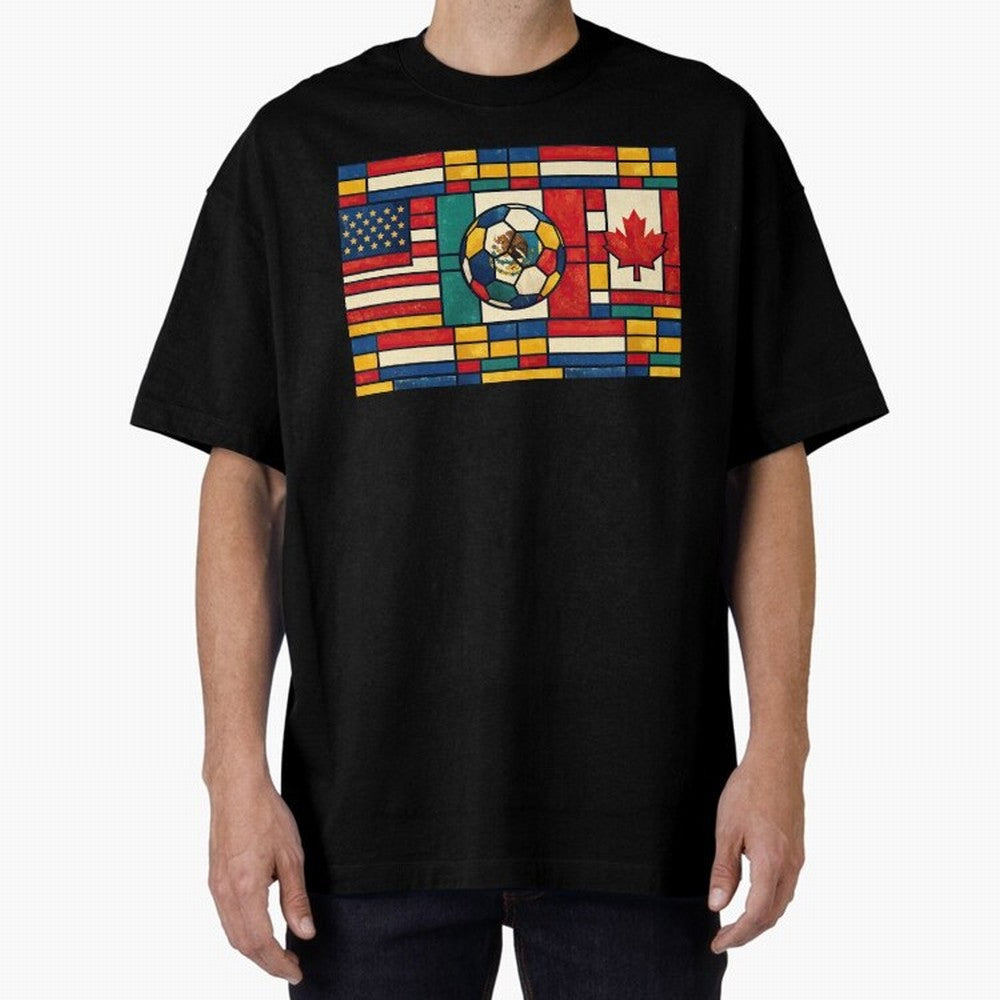 Elegant World Cup Stadiums Geometrical | Soccer Flags Mexico Canada USA Oversized T-Shirt Fuel FIFA World Cup 2026 Group Stage for Fans of Cristiano Ronaldo and Brazil, Bringing Game Day Rituals, Football Legends, Country Pride and the Road to the