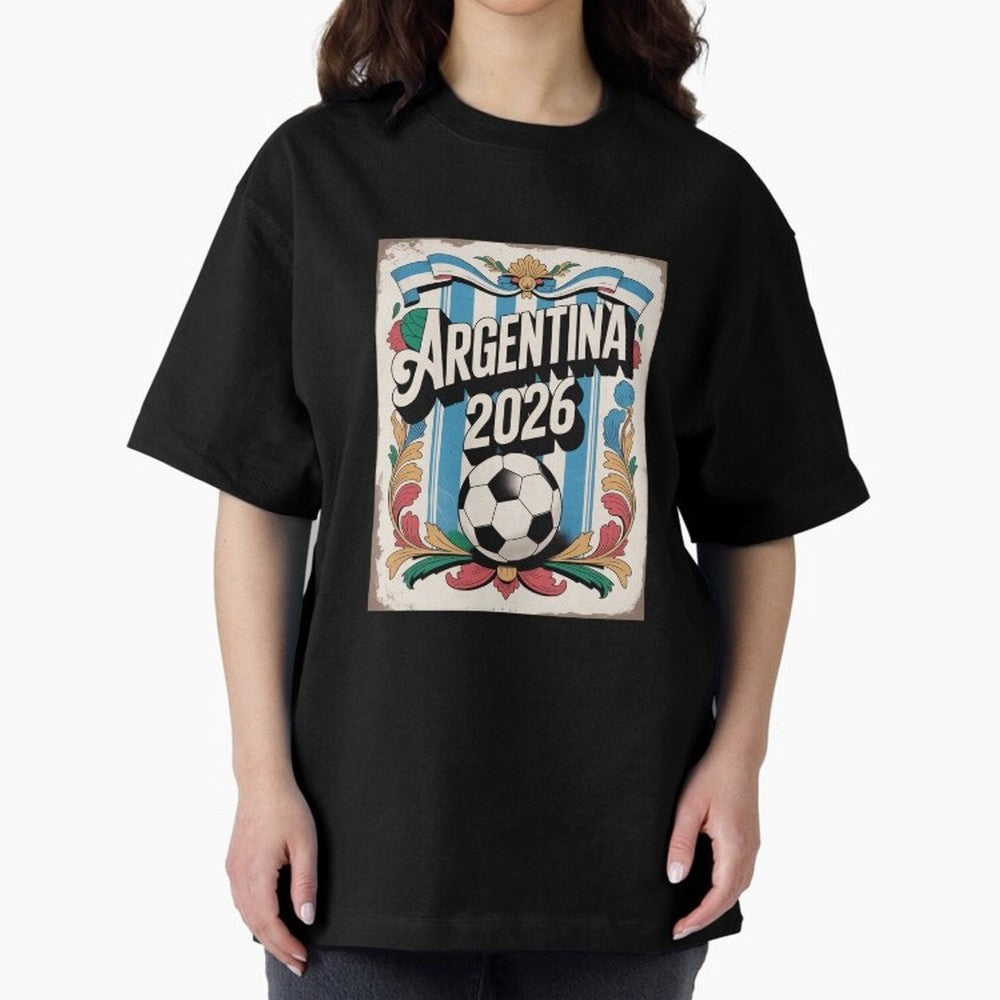 Argentina World Cup 2026 Filete Porte?o Vintage Football Poster - Buenos Aires Folk Art Fan Design Oversized T-Shirt Bring International Match Energy to FIFA World Cup 2026 Group Stage Spirit, Celebrating Argentina and Brazil, Haaland, Sports