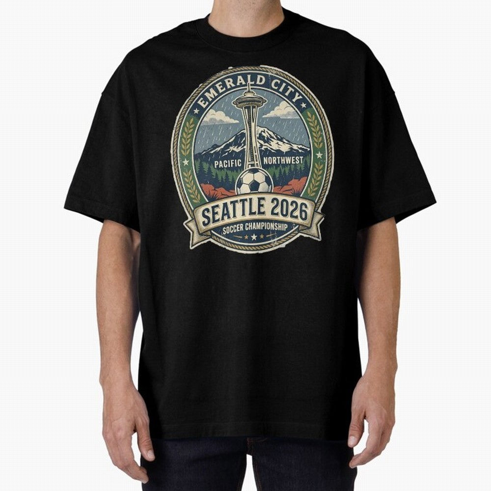 Seattle 2026 World Cup Host City Vintage Football Badge ¡ª Emerald City Space Needle Soccer Oversized T-Shirt Celebrate Fan Culture around Match Day Hype around FIFA World Cup 2026, CR7 and Messi, Argentina and Brazil, Stadium Memories, Football