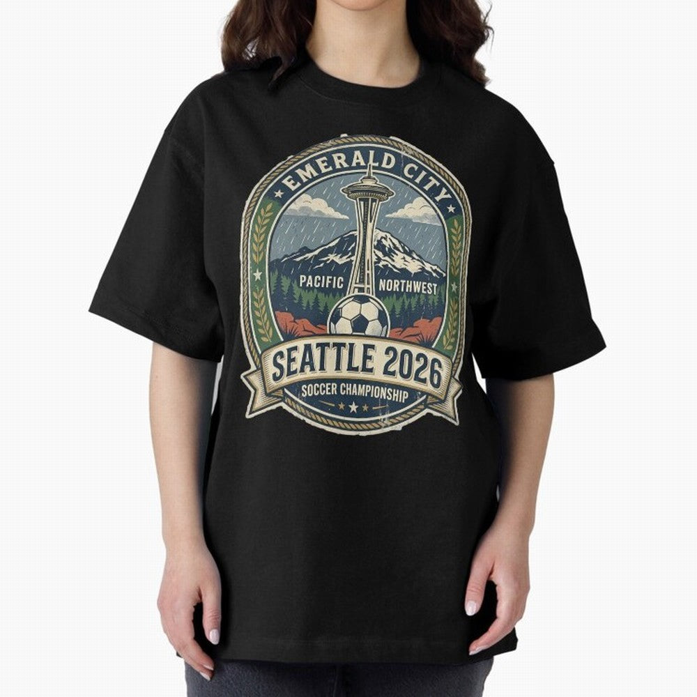 Seattle 2026 World Cup Host City Vintage Football Badge ¡ª Emerald City Space Needle Soccer Oversized T-Shirt Celebrate Fan Culture around Match Day Hype around FIFA World Cup 2026, CR7 and Messi, Argentina and Brazil, Stadium Memories, Football
