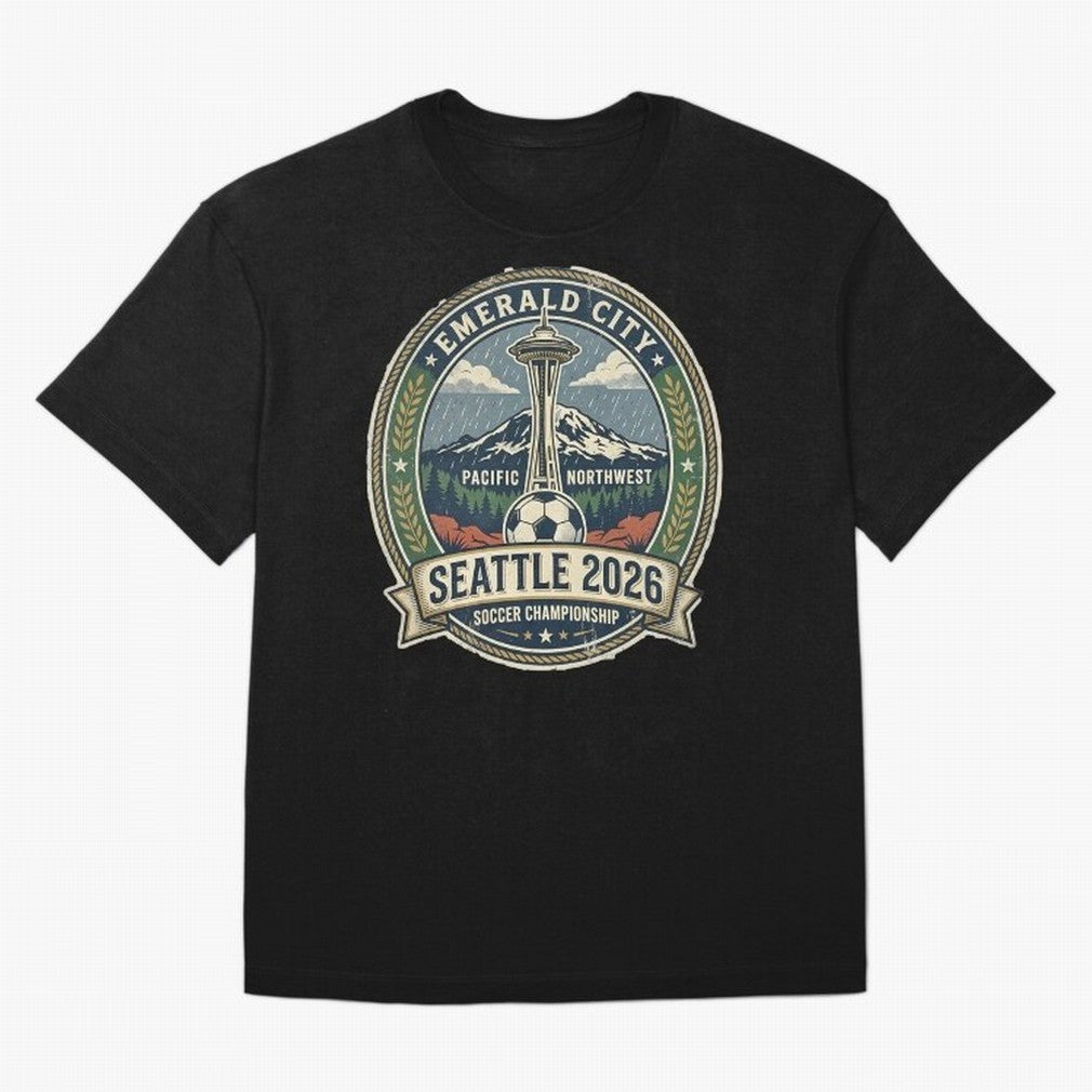 Seattle 2026 World Cup Host City Vintage Football Badge ¡ª Emerald City Space Needle Soccer Oversized T-Shirt Celebrate Fan Culture around Match Day Hype around FIFA World Cup 2026, CR7 and Messi, Argentina and Brazil, Stadium Memories, Football