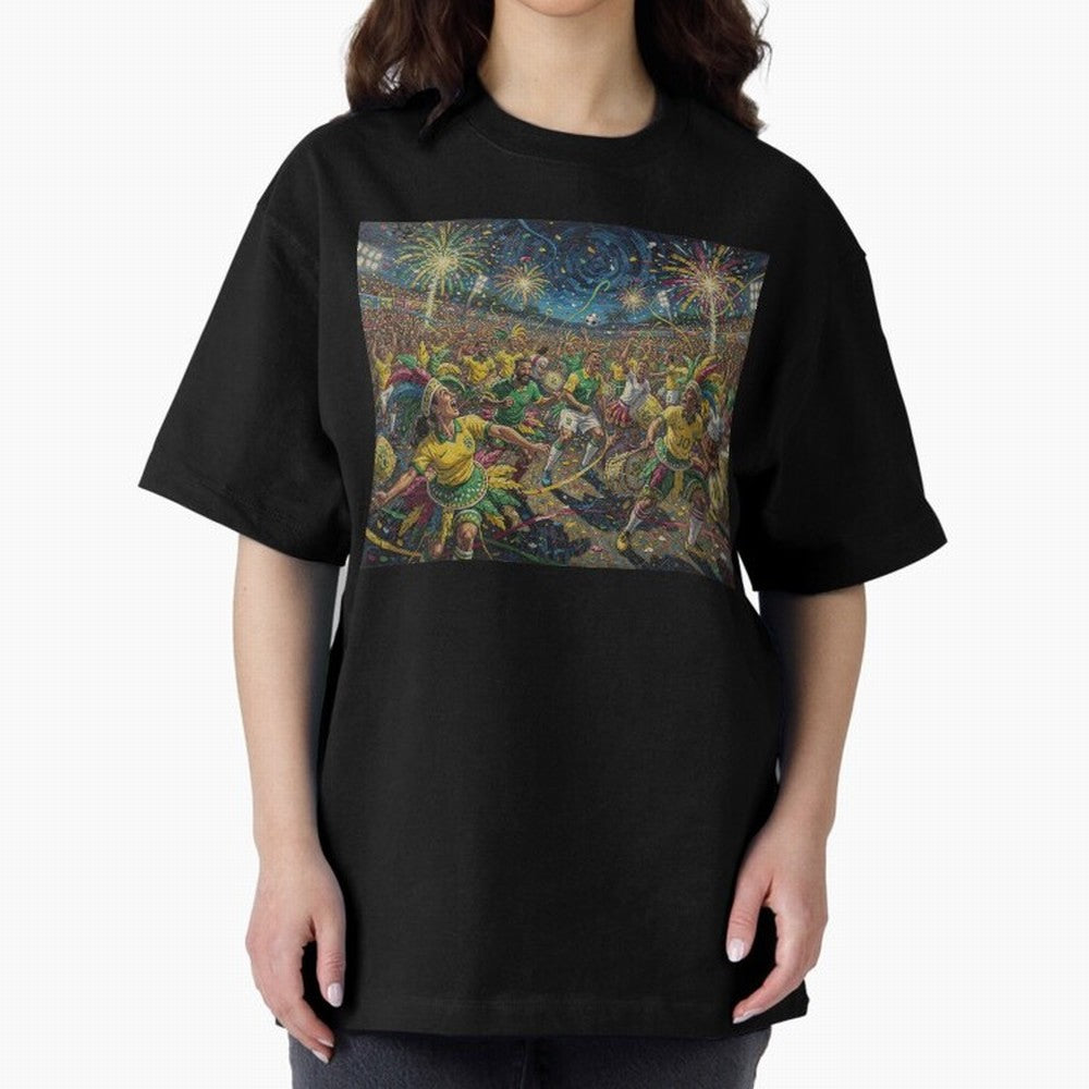 Celebration at Brazilian Football Match World Cup 2026 Vibes Oversized T-Shirt Stand with Global Football Passion for FIFA World Cup 2026, Featuring Haaland, Spain and Netherlands, Sports Nostalgia, International Competition, Famous Players and
