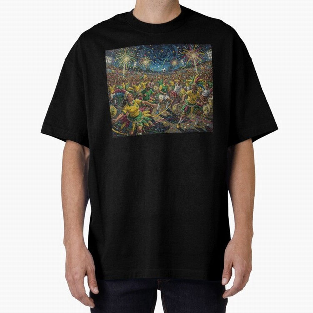 Celebration at Brazilian Football Match World Cup 2026 Vibes Oversized T-Shirt Stand with Global Football Passion for FIFA World Cup 2026, Featuring Haaland, Spain and Netherlands, Sports Nostalgia, International Competition, Famous Players and