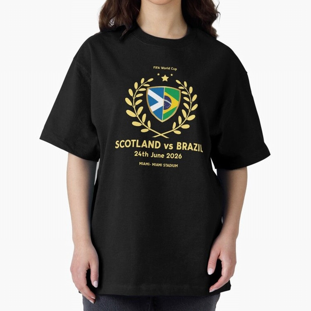 FIFA World Cup - Scotland v Brazil Oversized T-Shirt Support the Legends of FIFA World Cup 2026 Group Stage for Fans of Messi and Germany, Bringing Vintage Soccer Flavor, Modern Football Stars, National Flags and Final Night Emotion; Perfect for