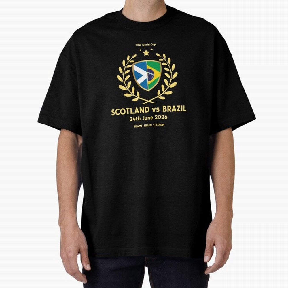 FIFA World Cup - Scotland v Brazil Oversized T-Shirt Support the Legends of FIFA World Cup 2026 Group Stage for Fans of Messi and Germany, Bringing Vintage Soccer Flavor, Modern Football Stars, National Flags and Final Night Emotion; Perfect for