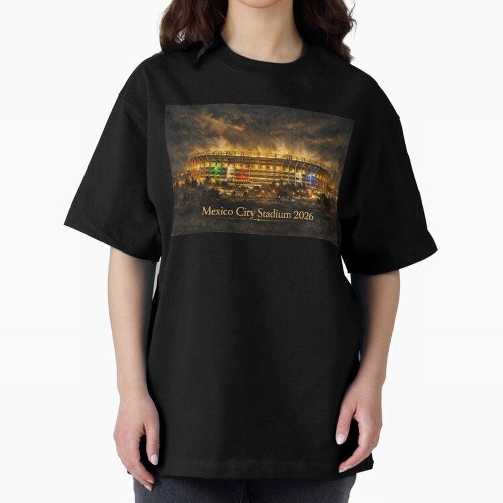 Mexico City Stadium at Night Oversized T-Shirt Capture Stadium Memories from FIFA World Cup 2026 Inspired by CR7 and Messi, Argentina and Brazil Energy, Championship Spirit, Famous Goals, Roaring Crowds and International Football Unity; Perfect for
