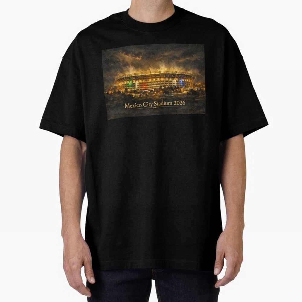 Mexico City Stadium at Night Oversized T-Shirt Capture Stadium Memories from FIFA World Cup 2026 Inspired by CR7 and Messi, Argentina and Brazil Energy, Championship Spirit, Famous Goals, Roaring Crowds and International Football Unity; Perfect for