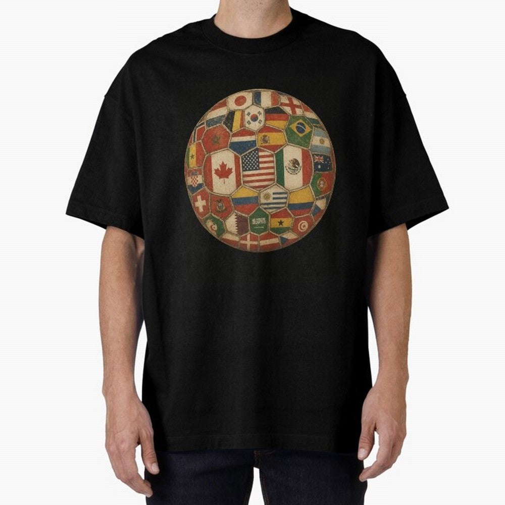 Vintage World Flags Soccer Ball,2026 International Football Graphic Gifts Tee Oversized T-Shirt Celebrate Football Heritage in the FIFA World Cup 2026 Group Stage Journey through Messi Highlights, Argentina, France and Brazil Pride, Classic Soccer
