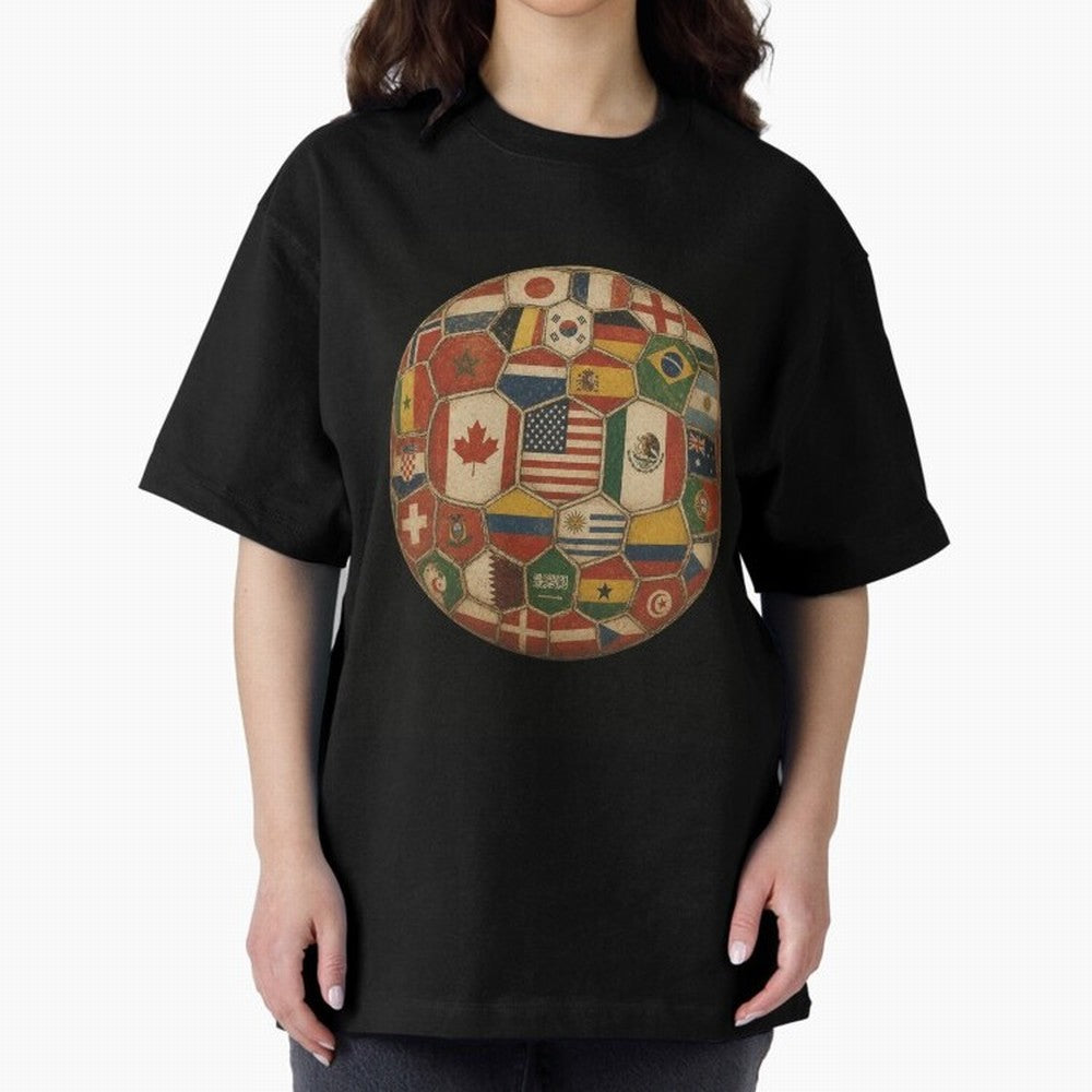 Vintage World Flags Soccer Ball,2026 International Football Graphic Gifts Tee Oversized T-Shirt Celebrate Football Heritage in the FIFA World Cup 2026 Group Stage Journey through Messi Highlights, Argentina, France and Brazil Pride, Classic Soccer