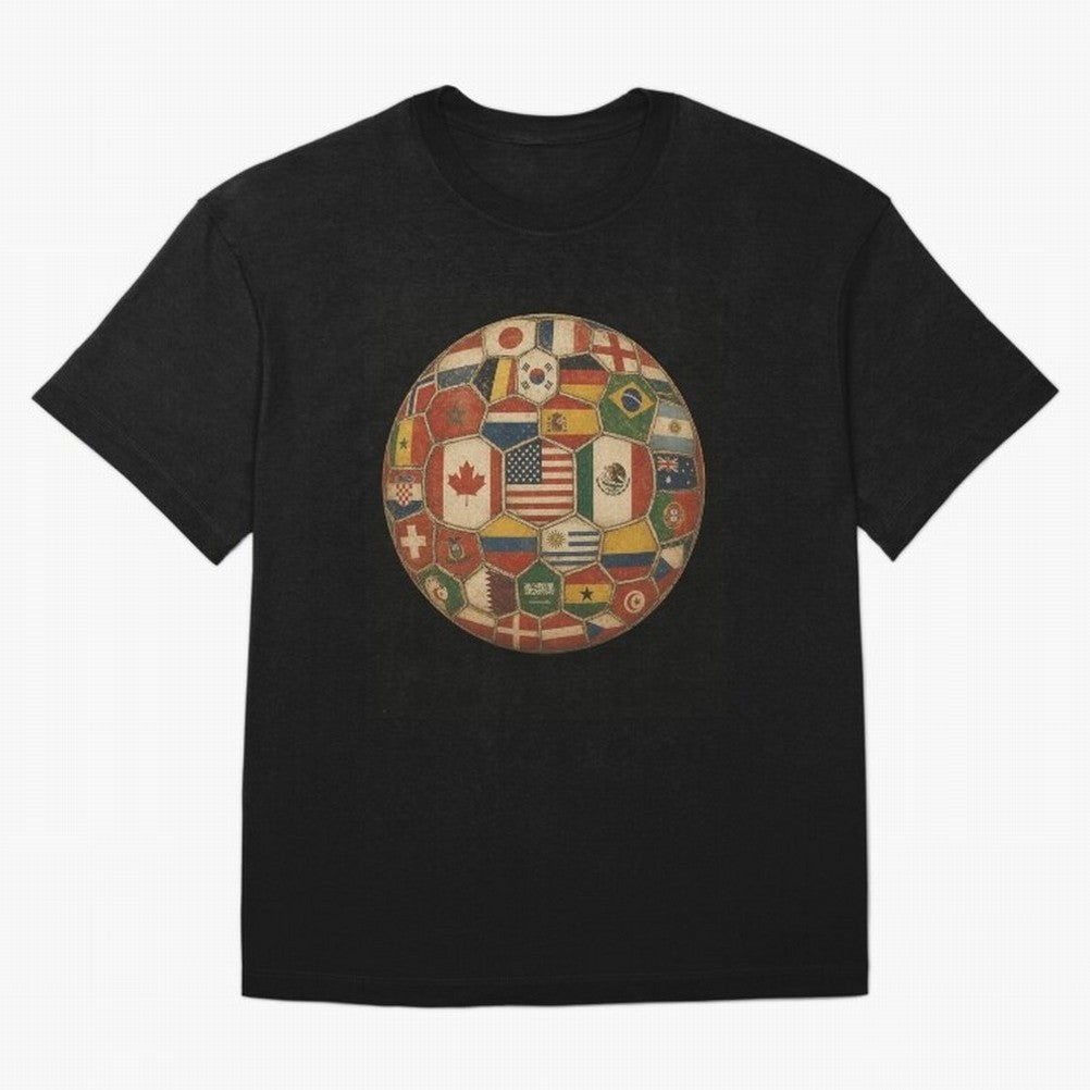 Vintage World Flags Soccer Ball,2026 International Football Graphic Gifts Tee Oversized T-Shirt Celebrate Football Heritage in the FIFA World Cup 2026 Group Stage Journey through Messi Highlights, Argentina, France and Brazil Pride, Classic Soccer