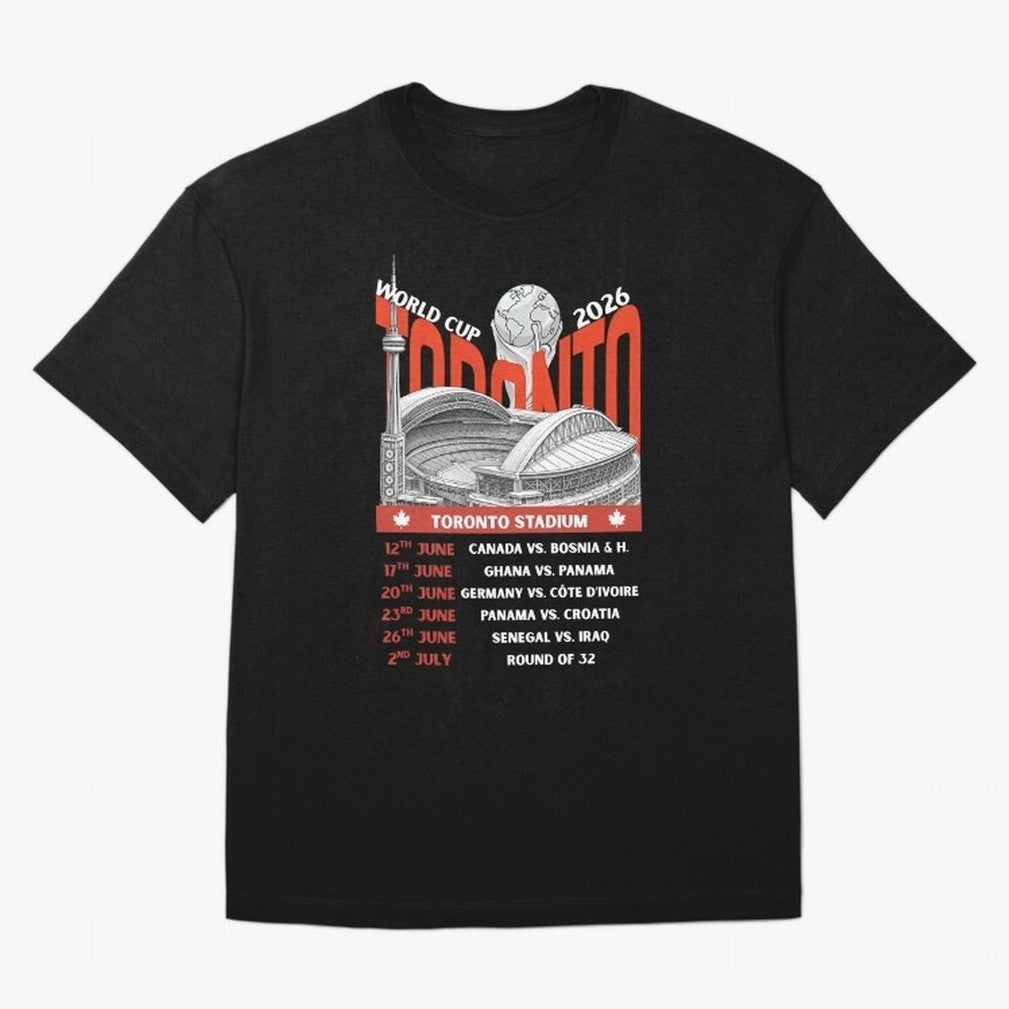 World Cup 2026 Toronto Stadium Match Schedule Soccer Fan Art Oversized T-Shirt Experience FIFA World Cup 2026 Group Stage for Fans of CR7 and England and Germany, Bringing Supporter Pride, Iconic Celebrations, Legendary Names and Global Match Day