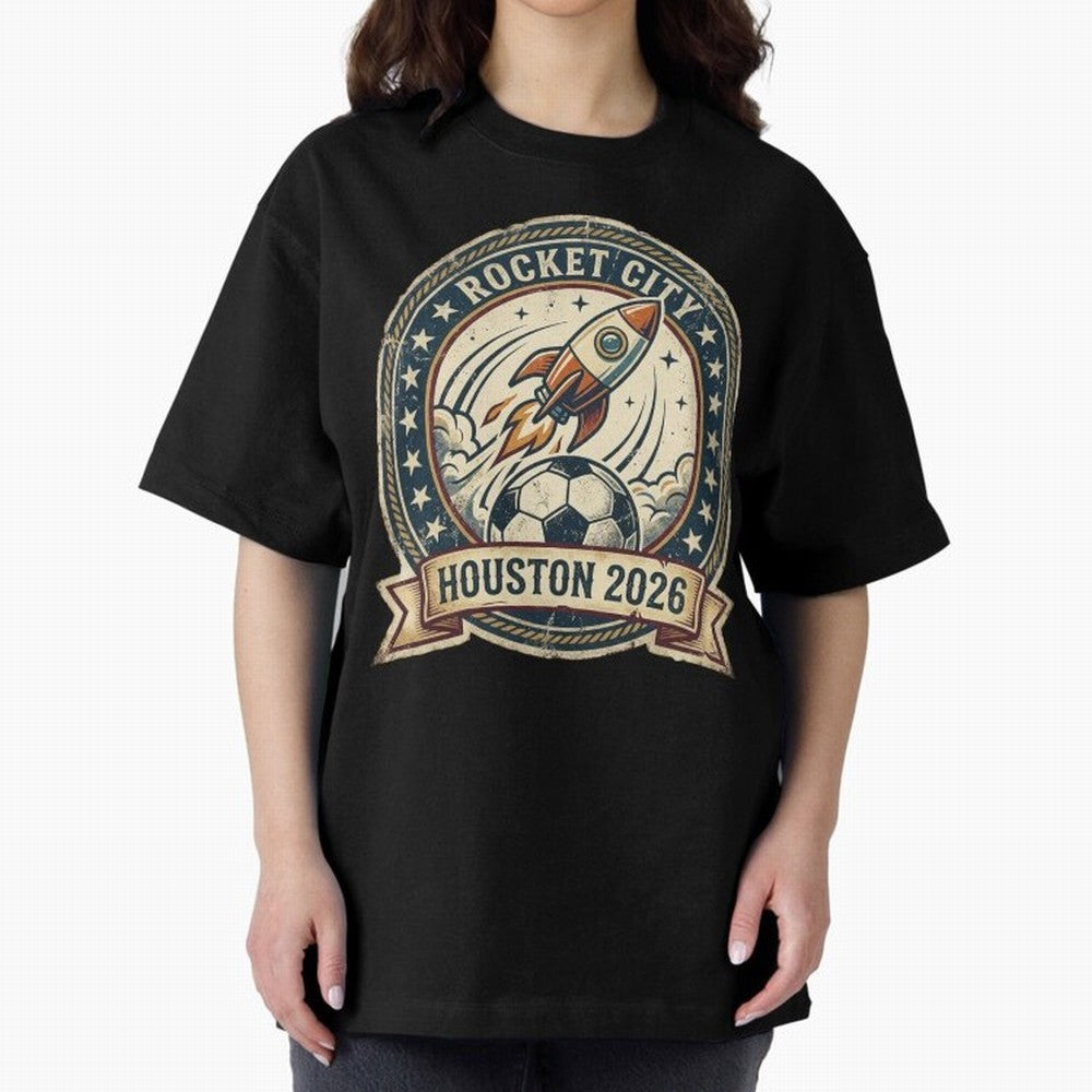 Houston 2026 World Cup Host City Vintage Football Badge ¡ª Rocket City Space Soccer Crest Design Oversized T-Shirt Bring Champion Energy into FIFA World Cup 2026 USA Canada Mexico Spirit, Featuring Argentina, CR7, Football Festival Excitement,