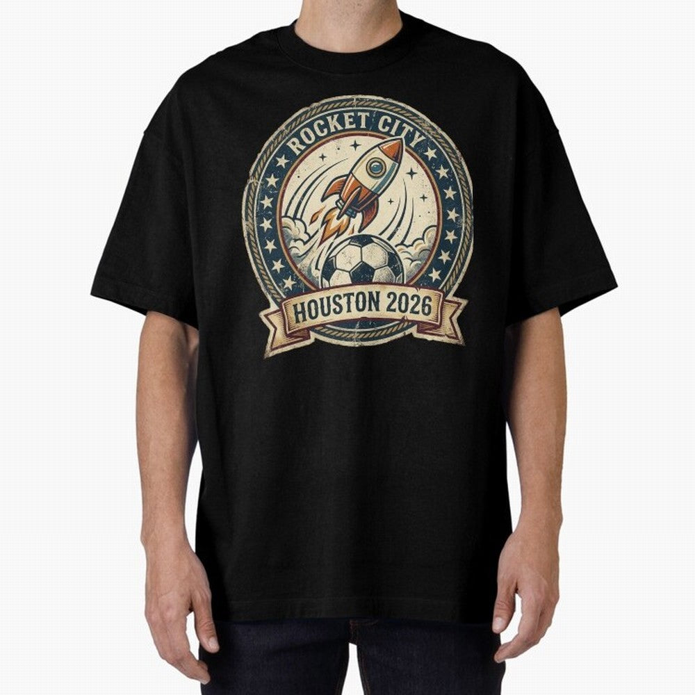 Houston 2026 World Cup Host City Vintage Football Badge ¡ª Rocket City Space Soccer Crest Design Oversized T-Shirt Bring Champion Energy into FIFA World Cup 2026 USA Canada Mexico Spirit, Featuring Argentina, CR7, Football Festival Excitement,