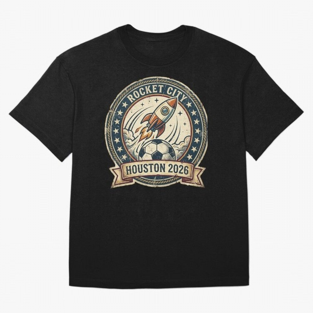 Houston 2026 World Cup Host City Vintage Football Badge ¡ª Rocket City Space Soccer Crest Design Oversized T-Shirt Bring Champion Energy into FIFA World Cup 2026 USA Canada Mexico Spirit, Featuring Argentina, CR7, Football Festival Excitement,