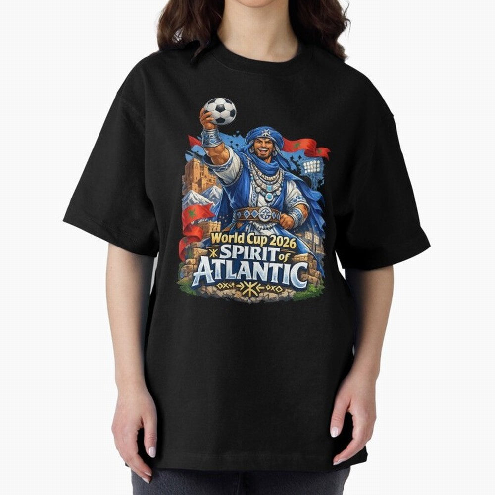 Moroccan World Cup 2026 Spirit of Atlantic Oversized T-Shirt Celebrate Football Heritage in FIFA World Cup 2026 for Fans of Messi and Cristiano Ronaldo and Argentina, Bringing Football History, Final Match Energy, Crowd Noise and Once in a Lifetime