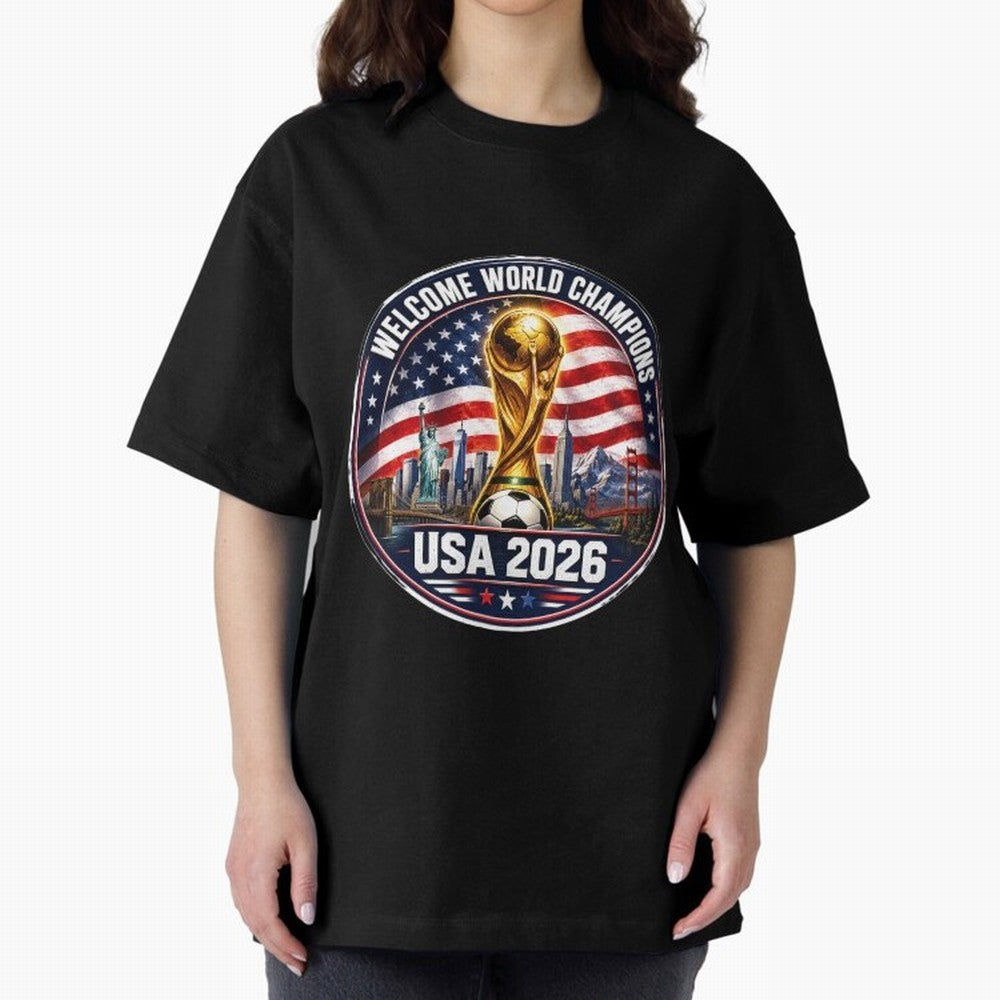 World Cup 2026 Celebration T-Shirt | USA Canada Mexico Soccer Fan Tee Oversized T-Shirt Turn Up for Global Football Passion for FIFA World Cup 2026, Highlighting Messi and Cristiano Ronaldo, Brazil, Portugal and Argentina, Football History, Final