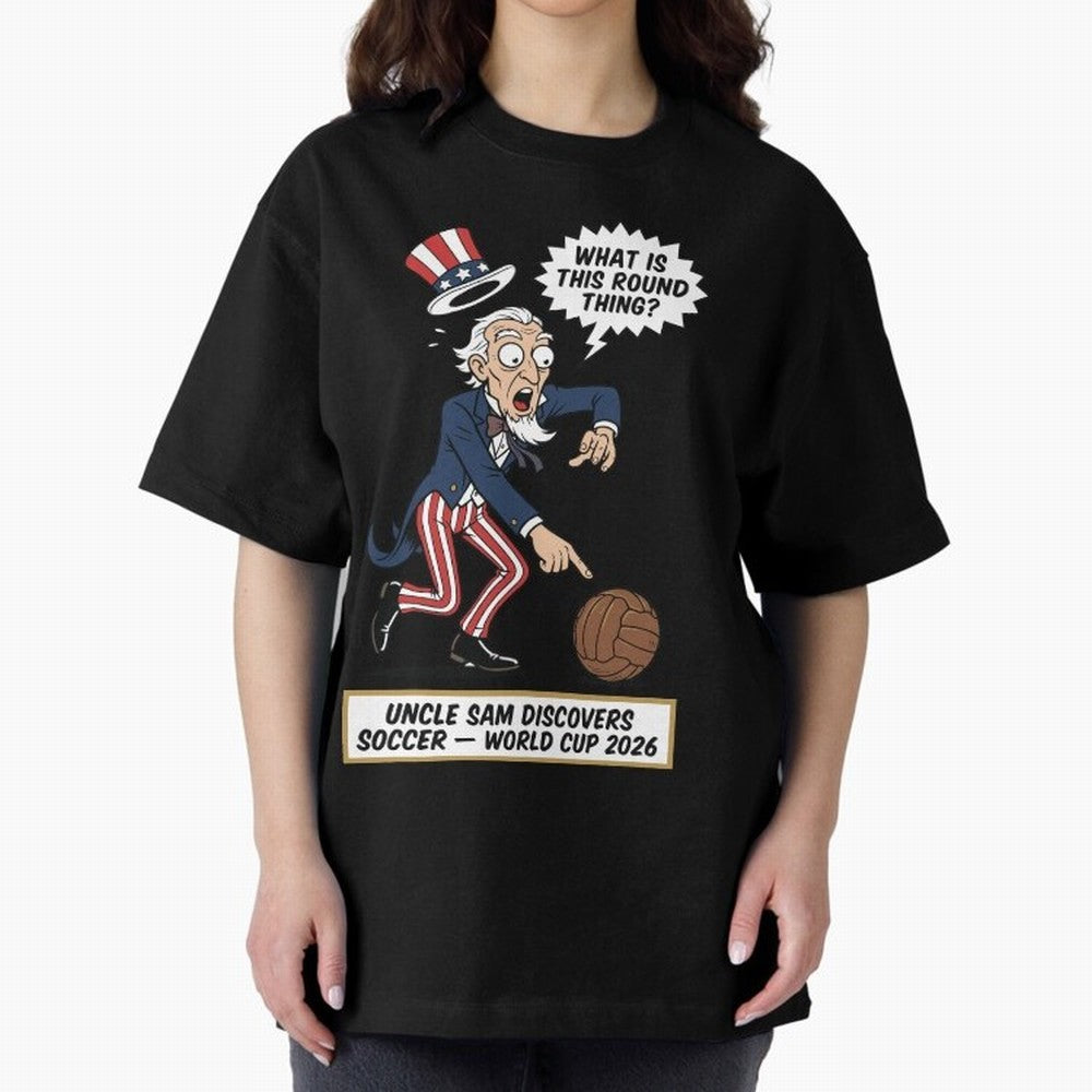 Uncle Sam Discovers Soccer ¡ª V4 Oversized T-Shirt Share FIFA World Cup 2026 for Fans of Cristiano Ronaldo, Haaland and CR7 and Brazil, Portugal and Argentina, Bringing Classic Soccer Heritage, Championship Pressure, Fan Loyalty and International