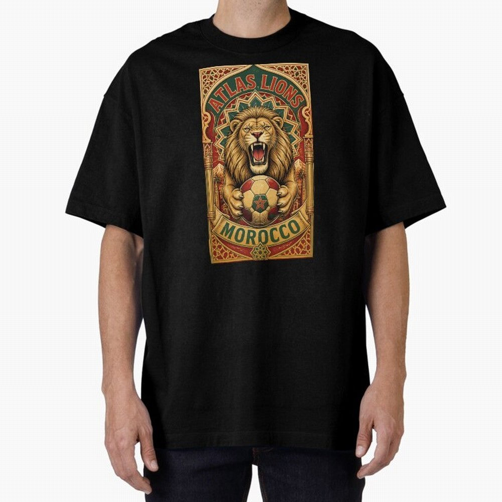 Morocco Soccer Lion - Atlas Lions Vintage African Football Fan T-Shirt Oversized T-Shirt Show Up for the Glory of Global Football Passion for FIFA World Cup 2026 Group Stage, with Messi and Cristiano Ronaldo, Portugal, Spain and Germany, Classic