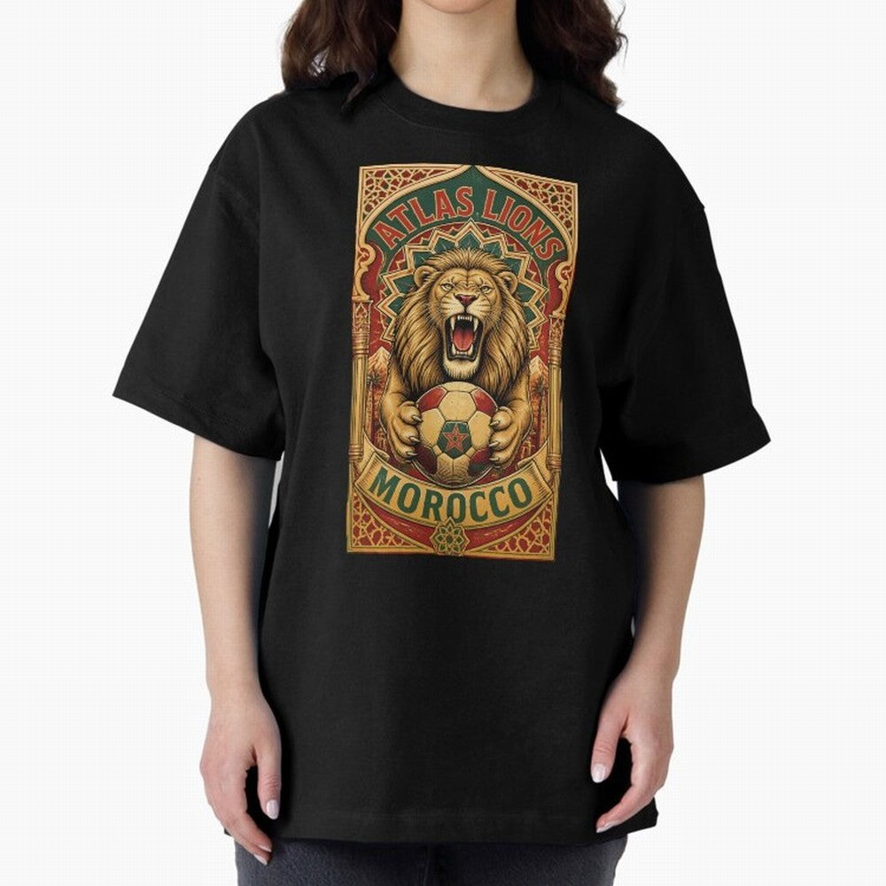 Morocco Soccer Lion - Atlas Lions Vintage African Football Fan T-Shirt Oversized T-Shirt Show Up for the Glory of Global Football Passion for FIFA World Cup 2026 Group Stage, with Messi and Cristiano Ronaldo, Portugal, Spain and Germany, Classic