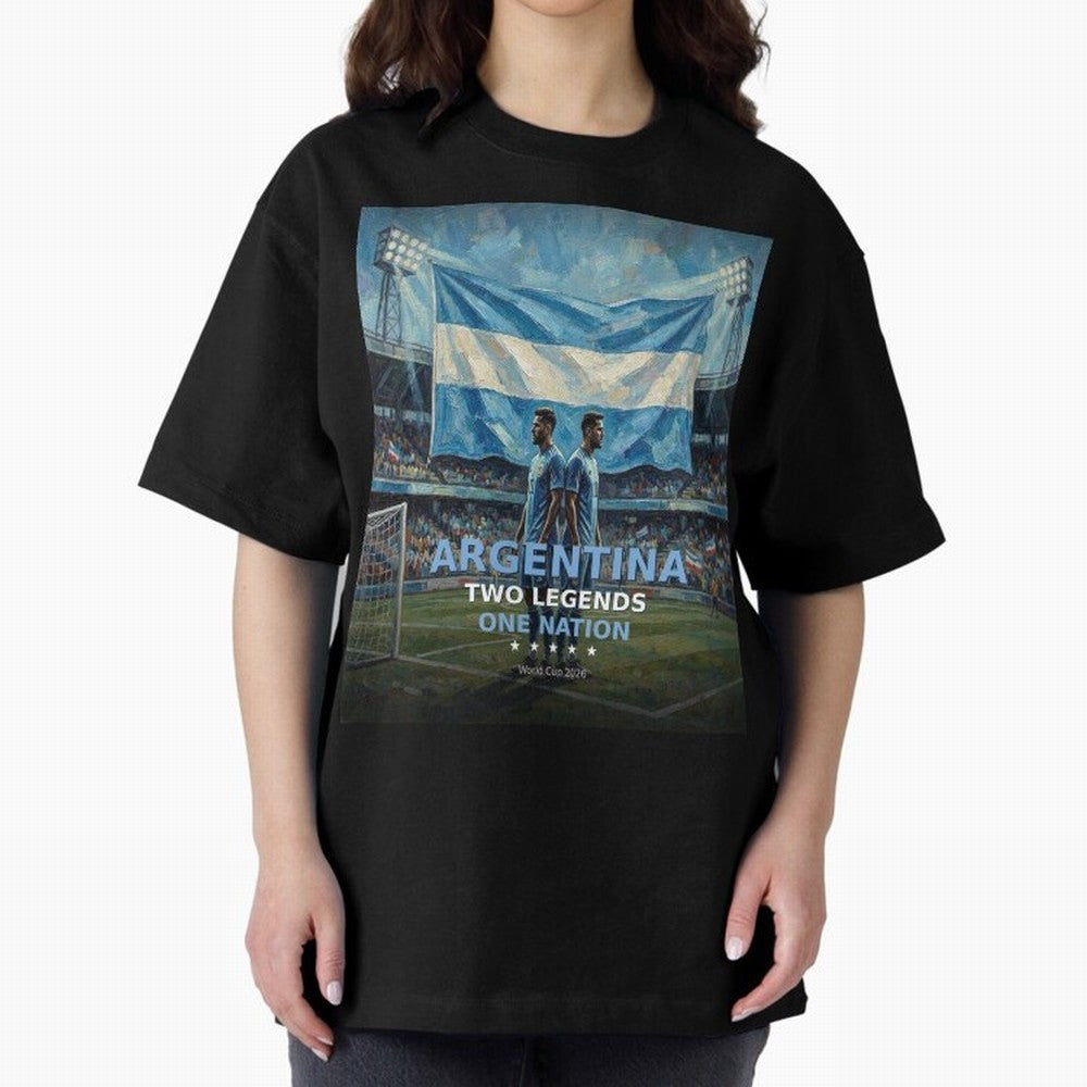 Argentina Two Legends One Nation - World Cup 2026 Soccer Fan Tee Oversized T-Shirt Share FIFA World Cup 2026 Group Stage Spirit, Highlighting Portugal, Spain and Germany, Neymar, Global Supporter Spirit, Legendary Goals, National Colors and