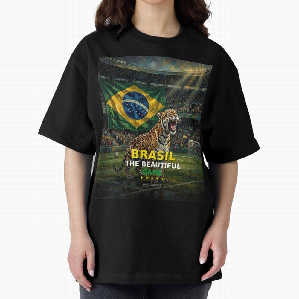 Brasil The Beautiful Game - World Cup 2026 Soccer Fan Tee Oversized T-Shirt Show Up for the Glory of FIFA World Cup 2026 Group Stage Spirit, Made for France and Portugal, Messi, Neymar and Mbappe, Championship Spirit, Famous Goals, Roaring Crowds