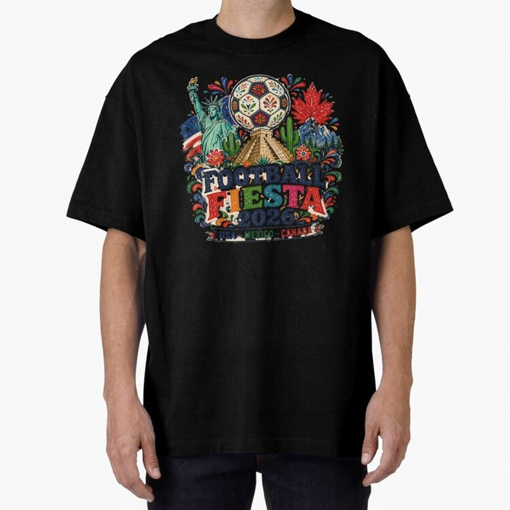 Football Fiesta 2026 Soccer Celebration Art Oversized T-Shirt Represent the Passion of Global Football Passion for FIFA World Cup 2026 USA Canada Mexico, Inspired by Messi, Neymar and Mbappe, England and Germany, Championship Spirit, Famous Goals,