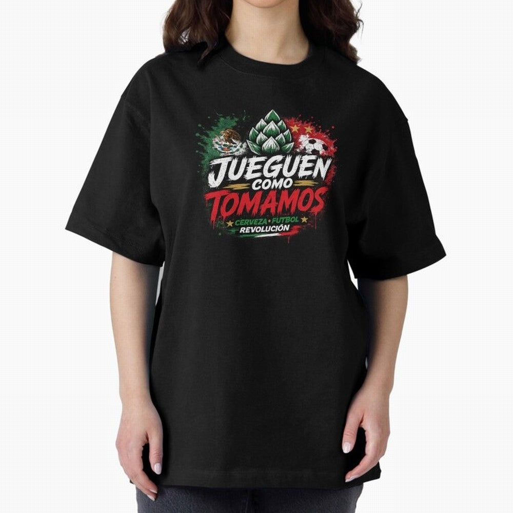Jueguen Como Tomamos Futbol Cervecero Oversized T-Shirt Show Passion for the Stars of FIFA World Cup 2026 for Fans of Mbappe and Neymar and Argentina, France and Brazil, Bringing Game Day Rituals, Football Legends, Country Pride and the Road to the