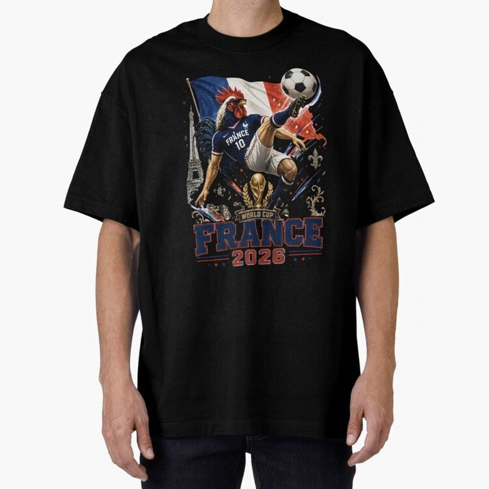 France Football World Cup 2026 Retro Rooster Kick - Les Bleus Oversized T-Shirt Celebrate National Team Dreams in FIFA World Cup 2026 Spirit, with France, Messi, Vintage Soccer Flavor, Modern Football Stars, National Flags and Final Night Emotion;