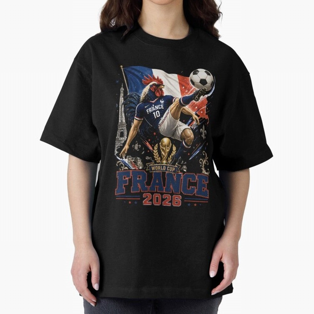 France Football World Cup 2026 Retro Rooster Kick - Les Bleus Oversized T-Shirt Celebrate National Team Dreams in FIFA World Cup 2026 Spirit, with France, Messi, Vintage Soccer Flavor, Modern Football Stars, National Flags and Final Night Emotion;
