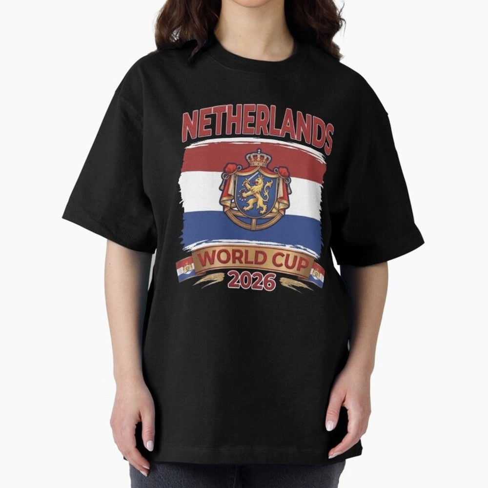 Netherlands World Cup 2026 Coat of Arms Football Design Oversized T-Shirt Bring Home FIFA World Cup 2026 Group Stage for Fans of Mbappe and Neymar and Spain and Netherlands, Bringing Stadium Memories, Football Loyalty, International Chants and