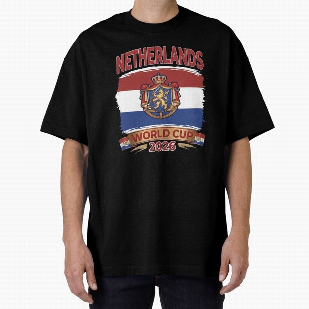Netherlands World Cup 2026 Coat of Arms Football Design Oversized T-Shirt Bring Home FIFA World Cup 2026 Group Stage for Fans of Mbappe and Neymar and Spain and Netherlands, Bringing Stadium Memories, Football Loyalty, International Chants and