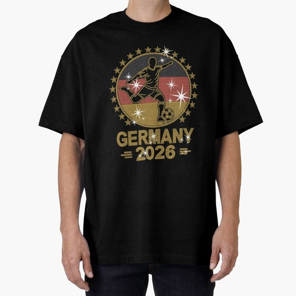 Germany Soccer World Cup 2026 Glitter Style Fan Art Oversized T-Shirt Capture FIFA World Cup 2026 Group Stage Inspired by Neymar, England and Germany Energy, Worldwide Fan Energy, Dramatic Goals, Stadium Lights and Championship Celebrations;