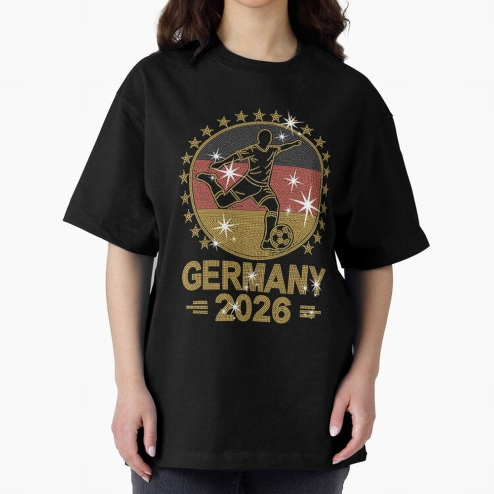 Germany Soccer World Cup 2026 Glitter Style Fan Art Oversized T-Shirt Capture FIFA World Cup 2026 Group Stage Inspired by Neymar, England and Germany Energy, Worldwide Fan Energy, Dramatic Goals, Stadium Lights and Championship Celebrations;