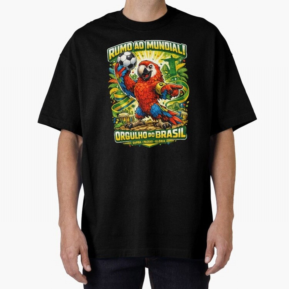 Brazil World Cup 2026 Macaw Fan Art Oversized T-Shirt Celebrate the Magic of the FIFA World Cup 2026 Group Stage Journey through Messi and Cristiano Ronaldo Highlights, Argentina, France and Brazil Pride, Championship Spirit, Famous Goals, Roaring