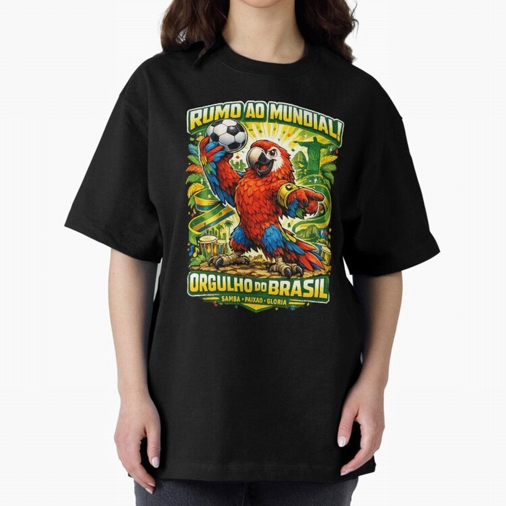 Brazil World Cup 2026 Macaw Fan Art Oversized T-Shirt Celebrate the Magic of the FIFA World Cup 2026 Group Stage Journey through Messi and Cristiano Ronaldo Highlights, Argentina, France and Brazil Pride, Championship Spirit, Famous Goals, Roaring