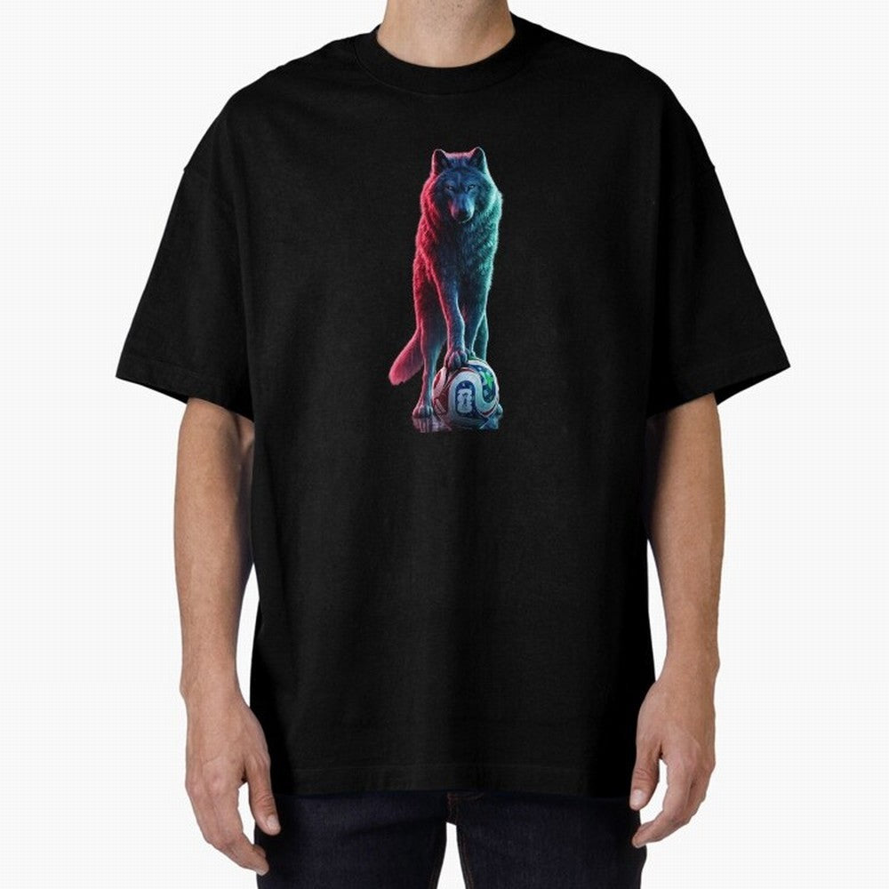 Neon Alpha Wolf with Soccer Ball | Futuristic Sports Fantasy Art Oversized T-Shirt Bring World Football Passion into Global Football Passion for FIFA World Cup 2026 USA Canada Mexico, Featuring CR7, Brazil, Football Passion, Legendary Performances,
