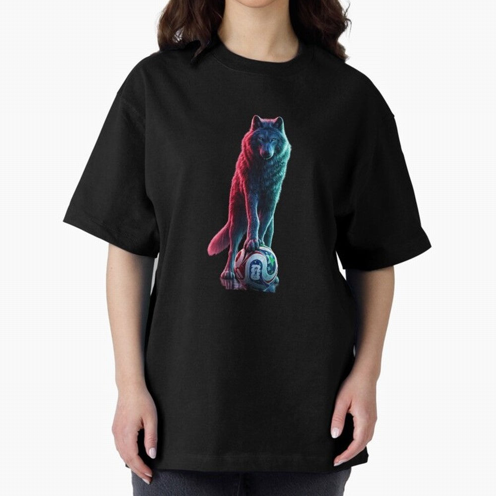 Neon Alpha Wolf with Soccer Ball | Futuristic Sports Fantasy Art Oversized T-Shirt Bring World Football Passion into Global Football Passion for FIFA World Cup 2026 USA Canada Mexico, Featuring CR7, Brazil, Football Passion, Legendary Performances,