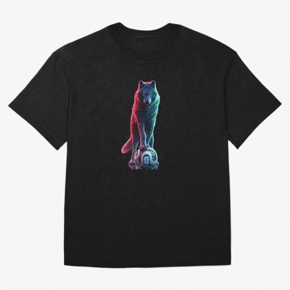 Neon Alpha Wolf with Soccer Ball | Futuristic Sports Fantasy Art Oversized T-Shirt Bring World Football Passion into Global Football Passion for FIFA World Cup 2026 USA Canada Mexico, Featuring CR7, Brazil, Football Passion, Legendary Performances,