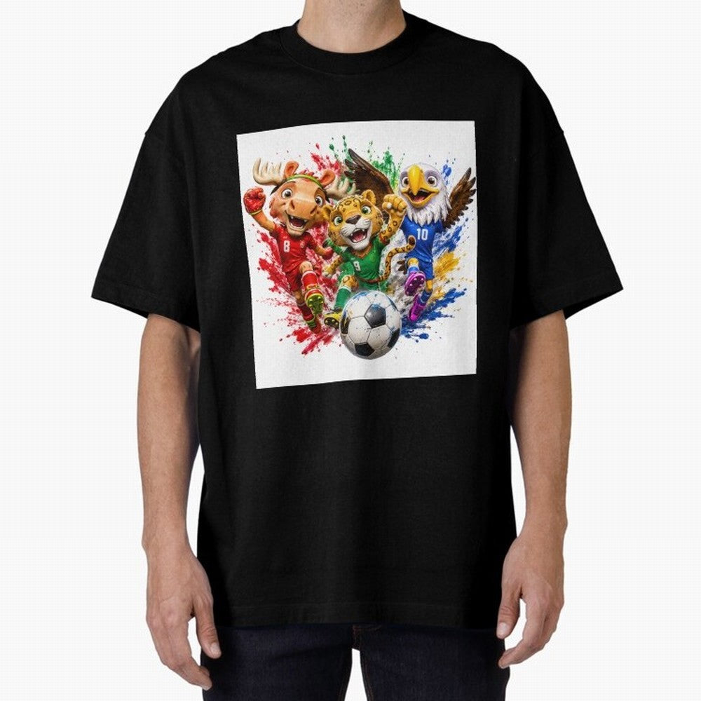 World Football Mascots ¨C Ultimate Soccer Fan Cartoon Design Oversized T-Shirt Show Your Stadium Side during Match Day Hype around FIFA World Cup 2026, Mbappe, Brazil, Portugal and Argentina, Football Passion, Legendary Performances, Festival Vibes
