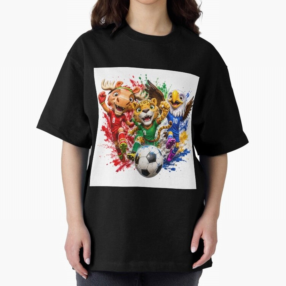 World Football Mascots ¨C Ultimate Soccer Fan Cartoon Design Oversized T-Shirt Show Your Stadium Side during Match Day Hype around FIFA World Cup 2026, Mbappe, Brazil, Portugal and Argentina, Football Passion, Legendary Performances, Festival Vibes