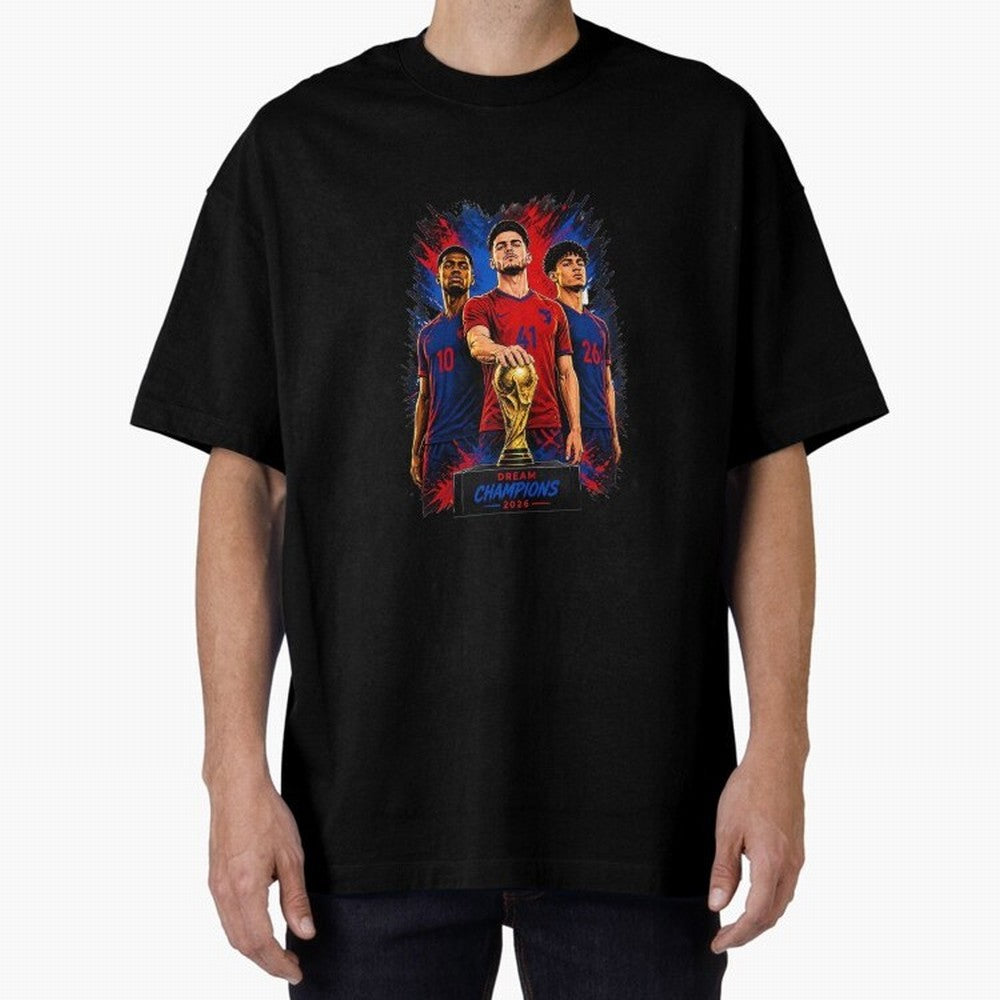 Dream Champions 2026 Football Streetwear Design | Trophy Graphic Tee Oversized T-Shirt Stand with FIFA World Cup 2026 USA Canada Mexico for Fans of Messi, Neymar and Mbappe and France, Bringing Tournament Hype, Historic Matchups, Family Viewing