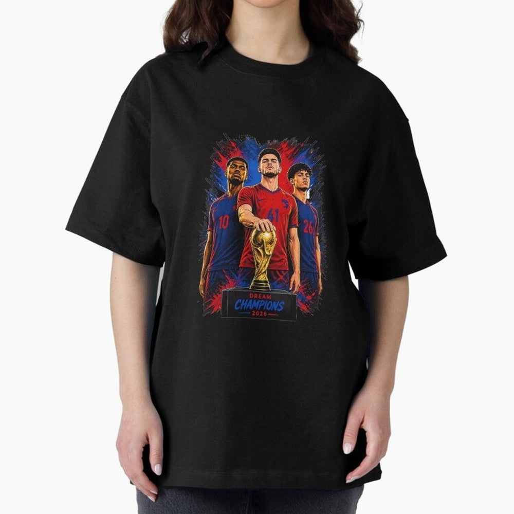 Dream Champions 2026 Football Streetwear Design | Trophy Graphic Tee Oversized T-Shirt Stand with FIFA World Cup 2026 USA Canada Mexico for Fans of Messi, Neymar and Mbappe and France, Bringing Tournament Hype, Historic Matchups, Family Viewing