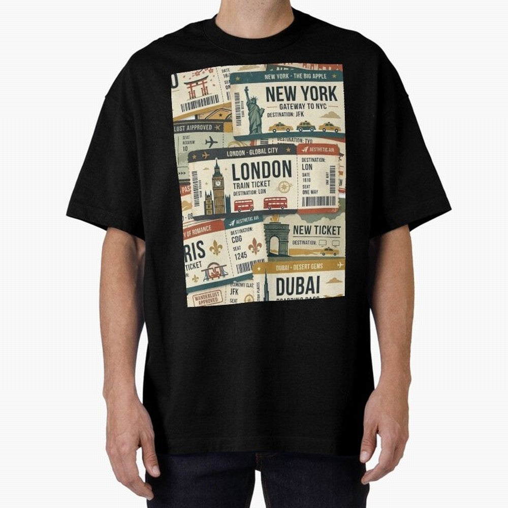 World Travel Ticket Aesthetic Collage Global City Vibes Oversized T-Shirt Keep the Legacy of FIFA World Cup 2026 USA Canada Mexico Built around CR7 and Messi, Brazil, Portugal and Argentina Energy, Vintage Soccer Flavor, Modern Football Stars,